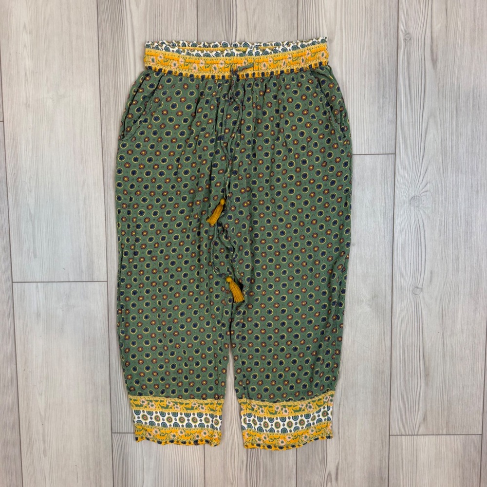 Windhorse Green Medallion Print Boho Harem Pants Tassel Drawstring S/M